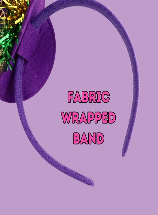 Needzo Purple Mardi Gras Top Hat Headband, Green and Yellow Glitter and Tinsel Details, Parade Hair Accessory, One Size Fits Most(Top Hat) - Image 4